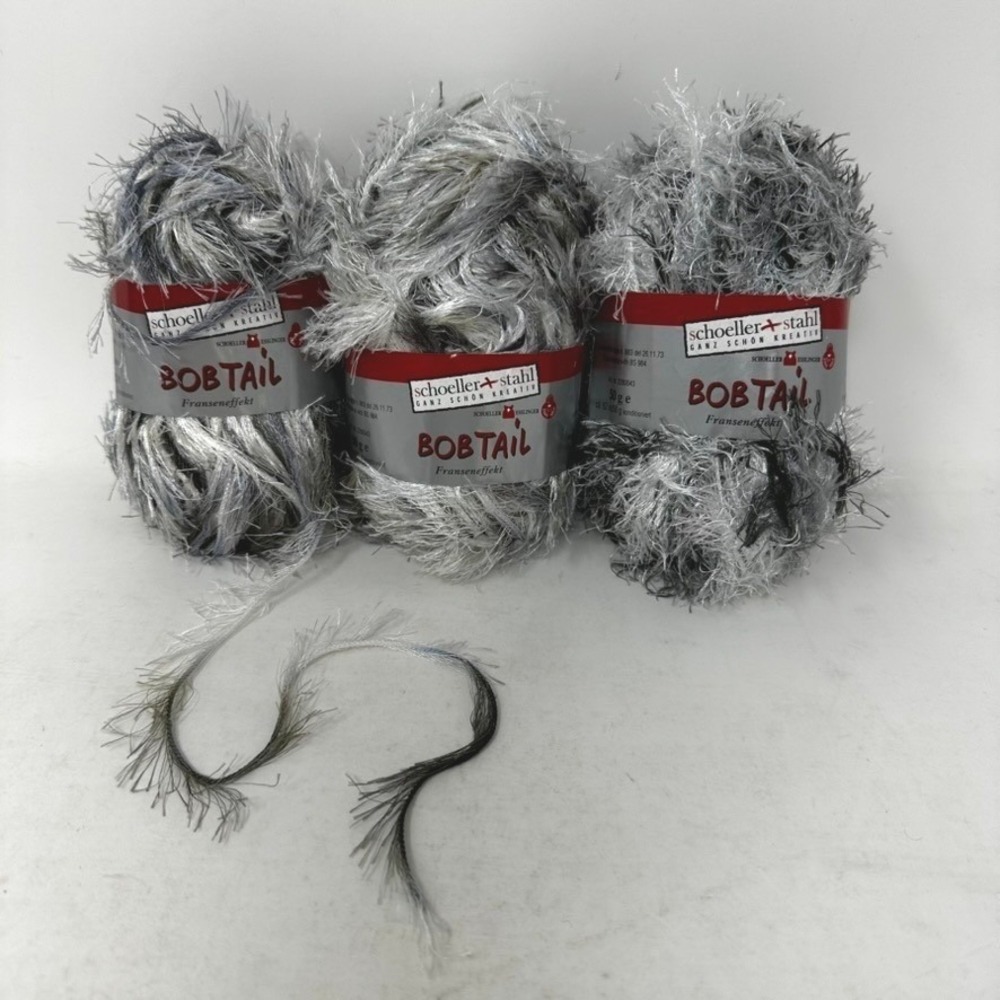 Schoeller Stahl Bobtail Yarn Lot of 3 Silver Grey Black Eyelash Fringe 0008 50g